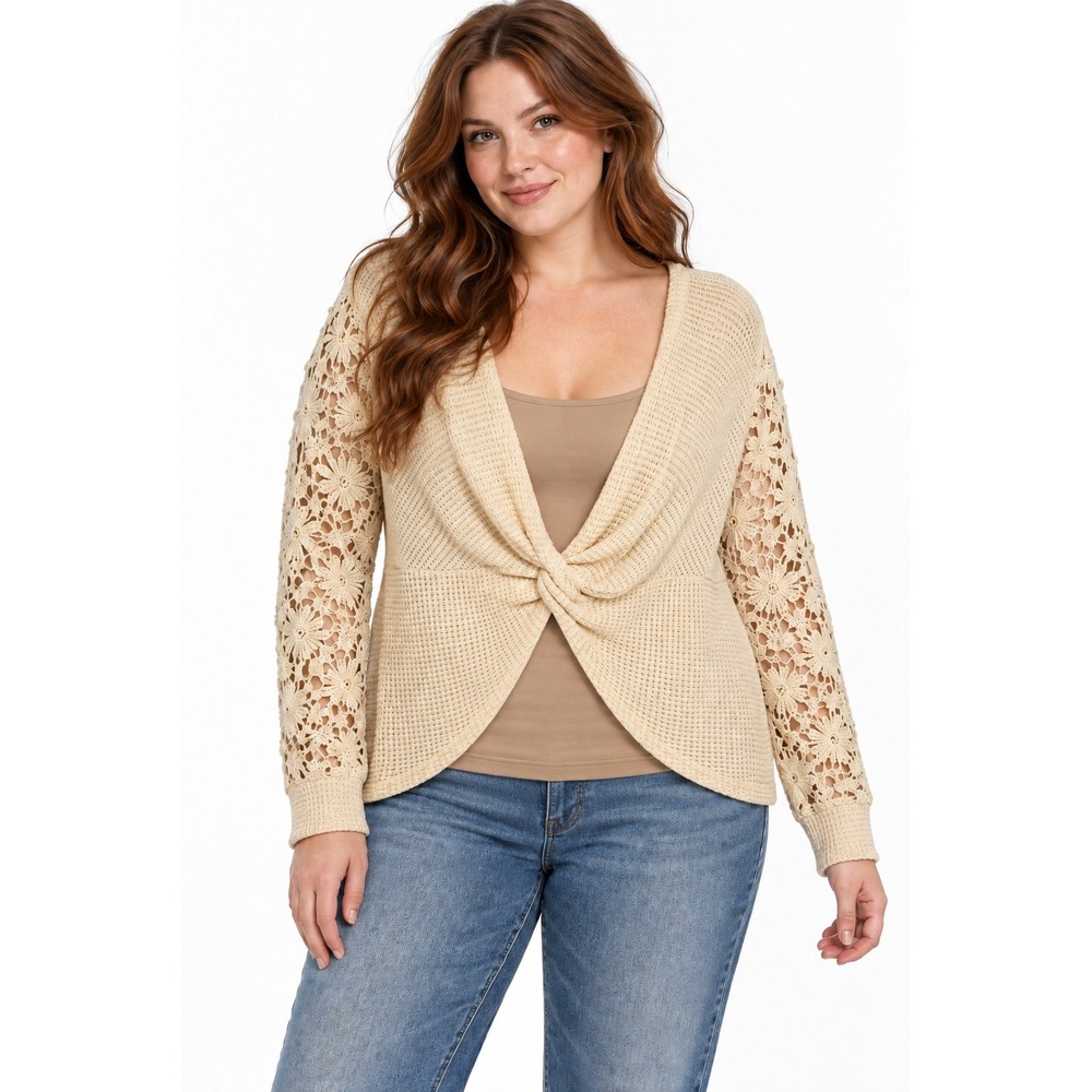 Romantic Crochet Lace Sleeve Knit Top‎ XL Cream Boho Fairy Cottagecore Layering